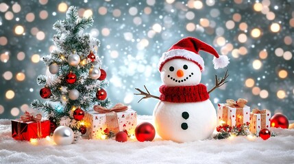Merry Christmas Festive Snowman with Decorated Tree and Gifts