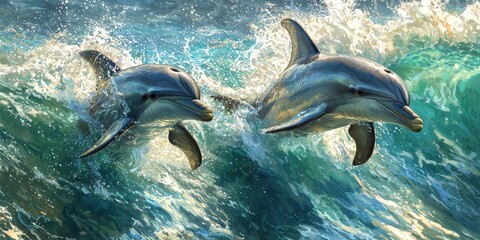 Fototapeta premium Two Dolphins Leaping Ocean Waves Wildlife Nature Marine Life Aquatic Mammals High Resolution Image