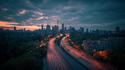 Highway, oblique angle of view, light sky and clouds, modern buildings, skyline, freeway, cityscape, road surface, gray tones, city background, super quality, high resolution 