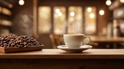 Obraz premium A warm and inviting coffee shop scene set against a large beige background, perfect for displaying a menu, featuring a steaming cup of coffee adorned with a delicate swirl of cream on top, placed on a