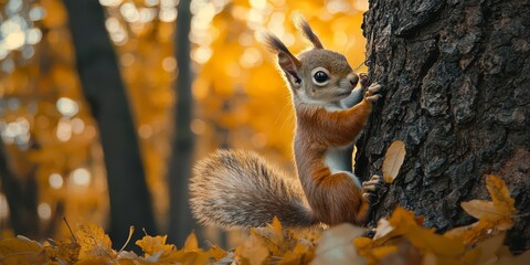 Obraz premium Adorable Squirrel Climbing Tree Autumn Leaves Wildlife Nature