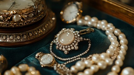 Antique jewelry, watches, and pearls on velvet.
