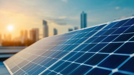 Obraz premium Solar Panels Against City Skyline at Sunset with Warm Lighting