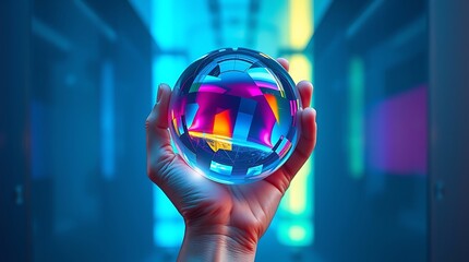 Hand holding a holographic globe, representing global data exchange, technology, and futuristic connectivity in a digital world
