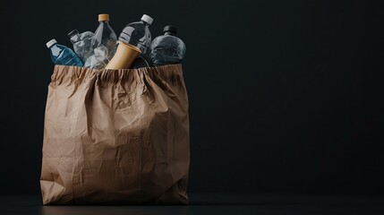 Paper bag filled with plastic bottles on a dark background, emphasizing waste, space for copy text