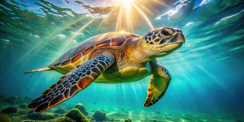 Fototapeta premium Underwater close-up of a green sea turtle gracefully swimming, showcasing vibrant ocean life.