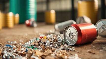 Aluminum cans being recycled in an industrial setting, sustainable material science, circular economy