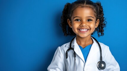 Happy Young Girl Pretending to Be a Doctor with Stethoscope Wearing White Coat and Smiling Brightly Against Blue Background in Studio Setting