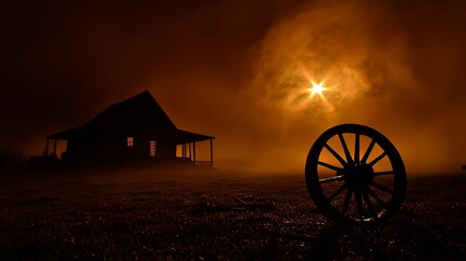 Fototapeta premium Foggy sunrise over a rural house with a wagon wheel.