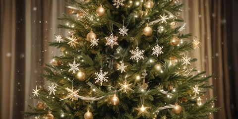 Sparkling snowflakes falling on a beautifully decorated Christmas tree , winter, snow, holiday