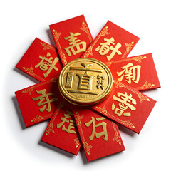Golden coin surrounded by red envelopes symbolizing prosperity and good fortune in lunar celebrations, photography of product arrangement concept.