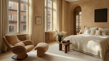 Fototapeta premium Sunlit Bedroom Interior Design With Modern Furniture