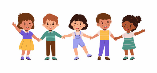 Flat vector of happy friendship of children holding hands