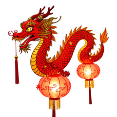 Vibrant dragon lantern design for cultural festivities and celebrations, digital illustration of cultural symbolism concept.