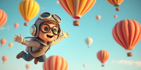 Happy kid boy with vintage aviator glasses and helmet flying up with air balloons in a cartoon 3D render, depicting freedom and happy childhood concept, cartoon character, 3D render