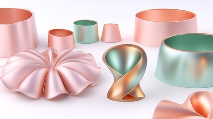 Abstract pastel pink and green metallic shapes on white background.