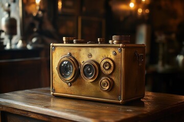 Antique brass stereo camera on wooden table.