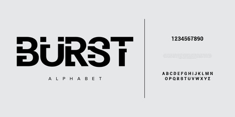 Obraz premium Burst creative modern geometric urban alphabet font. Digital abstract futuristic, game, techno, robot, music, logo, sport, minimal technology typography. Simple numeric vector illustration