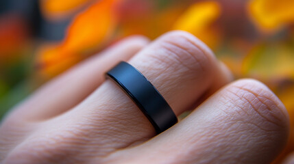 smart ring on a finger, symbolizing the integration of technology and personal health. The ring monitors vital data, representing modern advancements in wearable tech and wellness