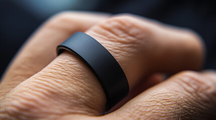 smart ring on a finger, symbolizing the integration of technology and personal health. The ring monitors vital data, representing modern advancements in wearable tech and wellness