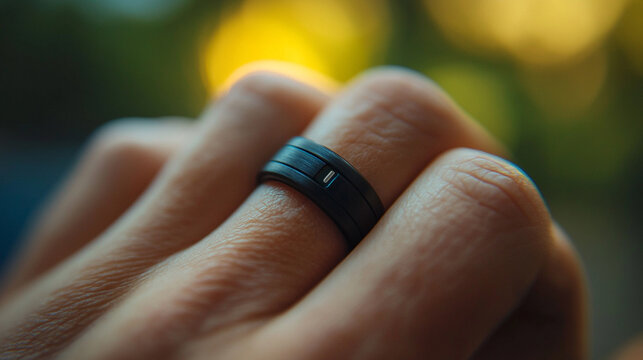 smart ring on a finger, symbolizing the integration of technology and personal health. The ring monitors vital data, representing modern advancements in wearable tech and wellness