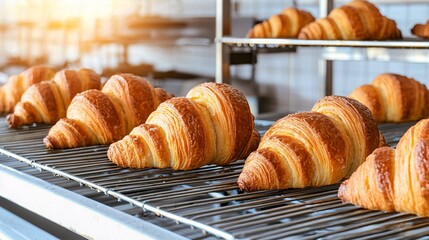 Baking croissants production concept. Freshly baked croissants are arranged on a cooling rack, showcasing their golden-brown color and flaky texture in a bakery setting.