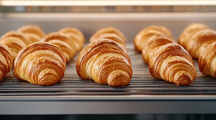 Baking croissants production concept. Freshly baked golden croissants cooling on a wire rack, showcasing their flaky texture and appetizing appearance.