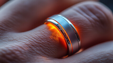 smart ring on a finger, symbolizing the integration of technology and personal health. The ring monitors vital data, representing modern advancements in wearable tech and wellness