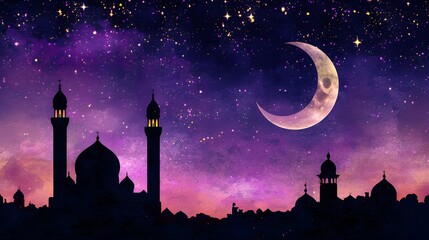 Night sky with crescent moon over mosque silhouette cityscape.