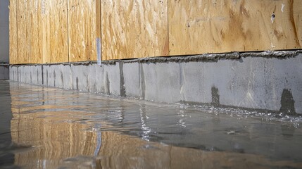 Water damage near concrete foundation and plywood wall.
