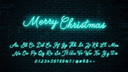 Vector neon alphabet with lettering Merry Christmas on dark brick wall background.