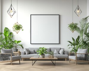 Minimal,living,room,empty,wall,frame,soft,lighting,grey,furniture,natural,tones.
