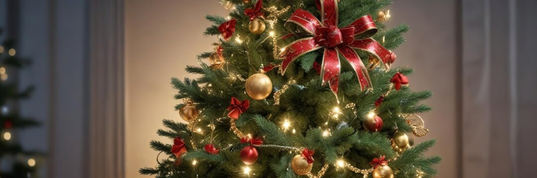 A beautifully decorated Christmas tree with tinsel and a bow on top, tinsel, xms tree