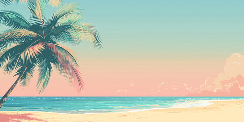 Obraz premium Tropical beach background banner. Palm tree along the beach of beautiful tropical water and sky great for a backdrop or banner with copy space 
