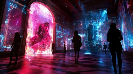 Immersive art exhibit in a grand hall features vibrant digital projections on walls and an arched doorway. Silhouetted figures explore the space.