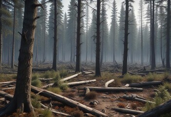 Obraz premium A dense forest devastated by bark beetle infestation, trees withered and dead, nature, bark beetle, disaster