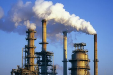 Industrial Smoke Stacks Emitting Vapor Against Clear Blue Sky in an Energy Production Facility Showcasing Environmental Impact of Manufacturing Processes