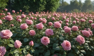 Fototapeta premium A field of Morden Blash roses with lush foliage, field of pink flowers, natural scenery, lush landscape