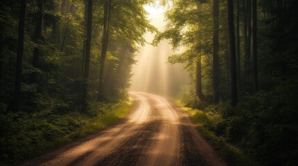 Obraz premium Sun Rays Through a Foggy Forest