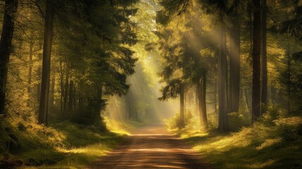 Sunlight Beams Through a Forest Path