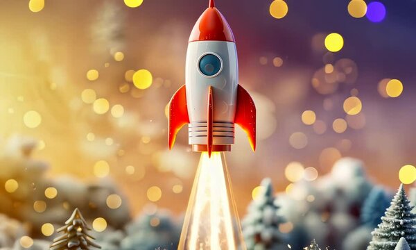 Red and white rocket launching into dreamy, cloudy sky with warm tones