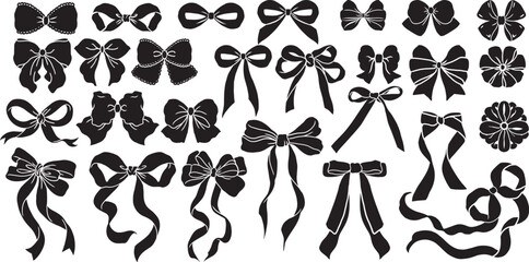Set of graphical decorative bows. Vector silhouette