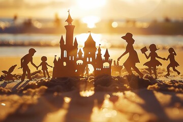Delicate Paper Cut Silhouettes Capture Carefree Seaside Building of Sandcastles in Warm Summer Afternoon Light