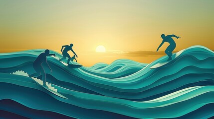 D Layered Paper Cut of Surfers Riding Waves with Oceans Striking Blues and Golden Hour Warmth