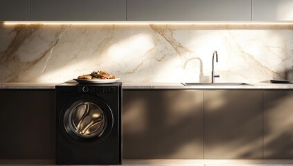 Modern Kitchen with Black Washing Machine and Marble Backsplash