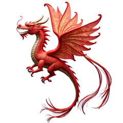 Majestic red dragon with elegant feathered wings in flight, 3d rendering of fantasy art concept.