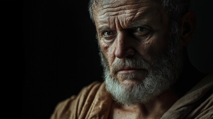 Aged man with weathered face shows stoic expression. Deep shadows highlight wrinkles, beard. Ancient wisdom emanates from piercing eyes. Draped toga adds dramatic flair. High contrast lighting