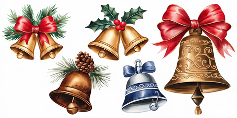 Festive Christmas Bells Holly Bows Pine Cones Winter Holidays Watercolor Illustration