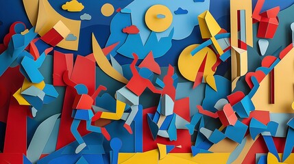 Vibrant D Paper Cut Art Children at Play in a Constructivist Cityscape