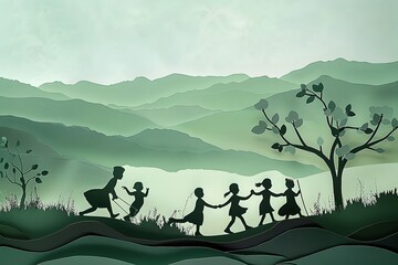 Delicate Paper Cut Silhouettes of Children at Play in a Serene Natural Setting